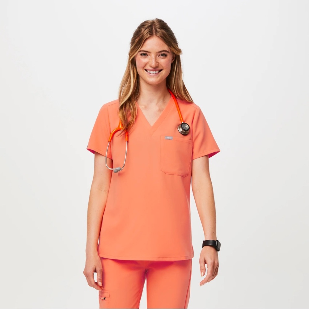 Figs scrub set in papaya Catarina XS petite top and Zemora XS high joggers